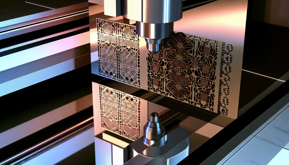 Laser workstation processing dual-sided mirror materials, with reflective sheets and laser beams in operation.