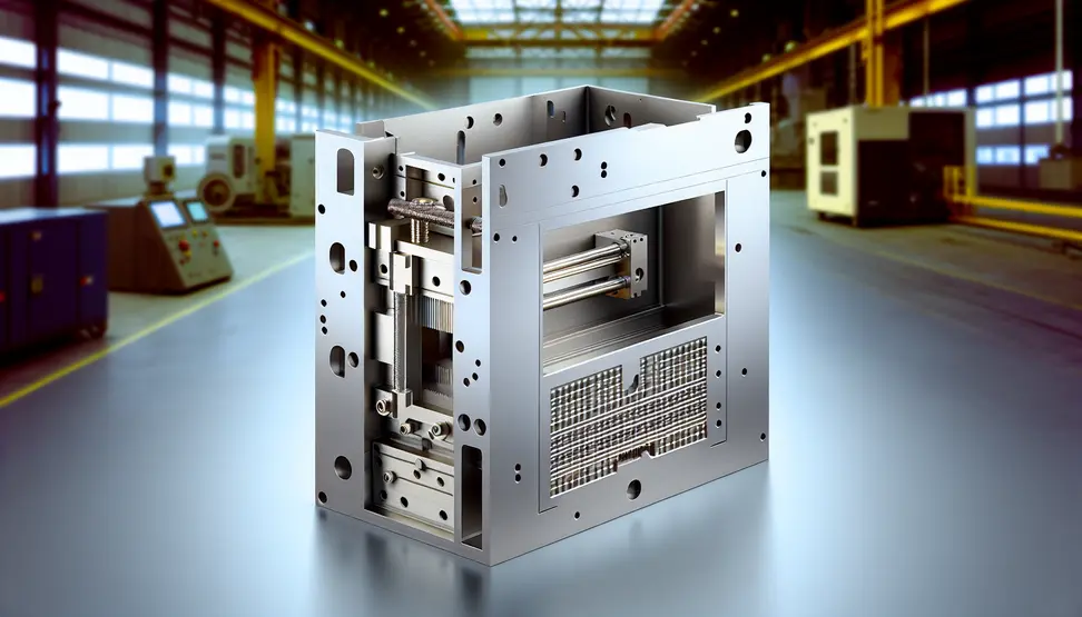 Modern manufacturing floor with machines laser cutting and bending custom sheet metal enclosures amidst bright, focused lighting.