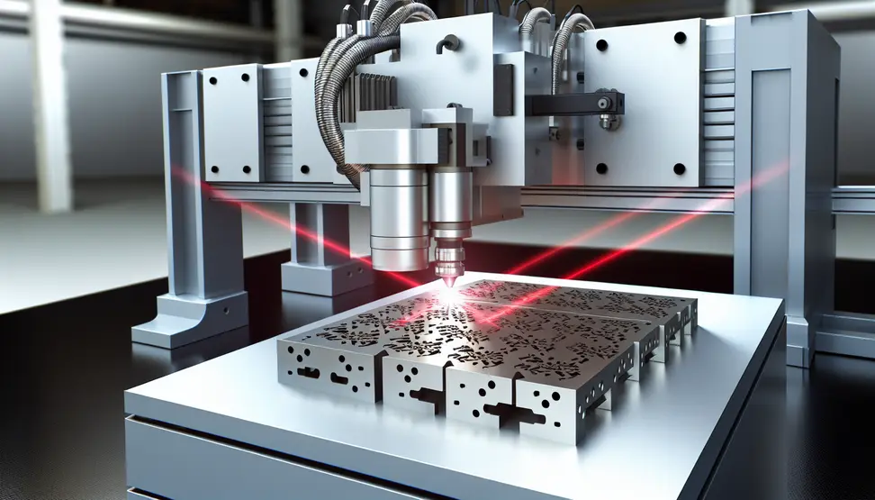 A robust precision laser marking machine engraving a clear barcode on a metallic part in an industrial factory.