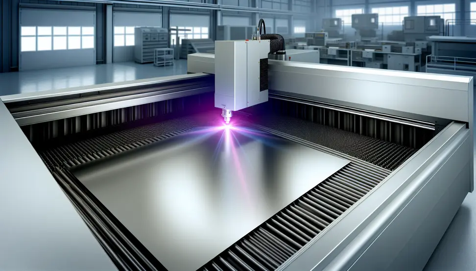 A fiber laser precisely cuts a stainless steel sheet, highlighting process accuracy and modern machinery.