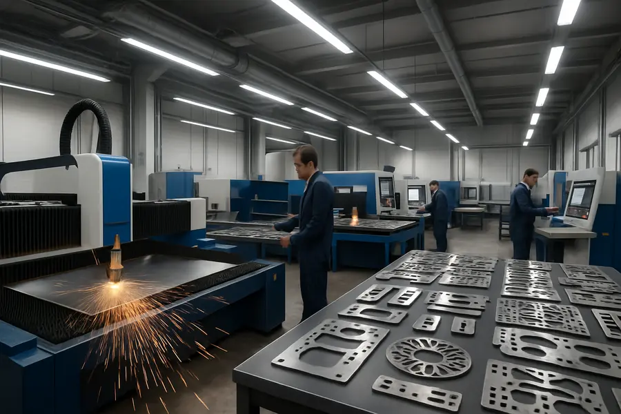 Panoramic view of a bright, modern factory with several fiber laser cutting machines in operation and finished metal parts displayed.