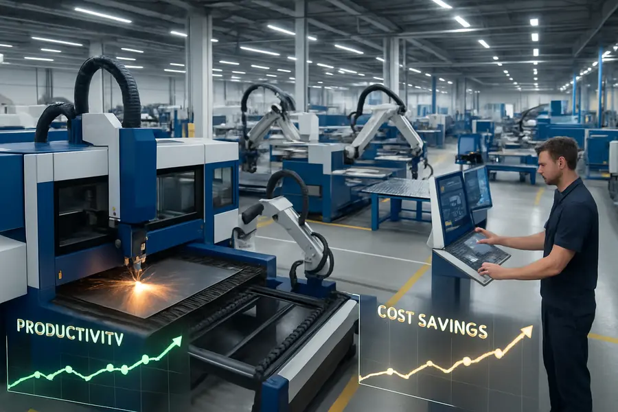 Wide-angle view of an advanced laser cutting subcontracting facility with robotics and digital controls, illustrating efficiency and cost savings.