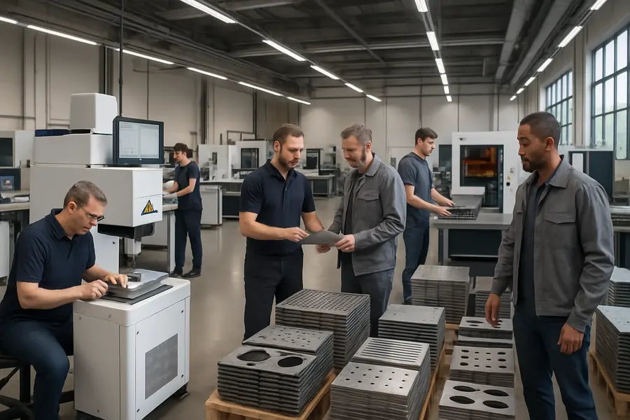 Laser marking factory collaborates with subcontractors using precision machines, highlighting growth and efficiency.