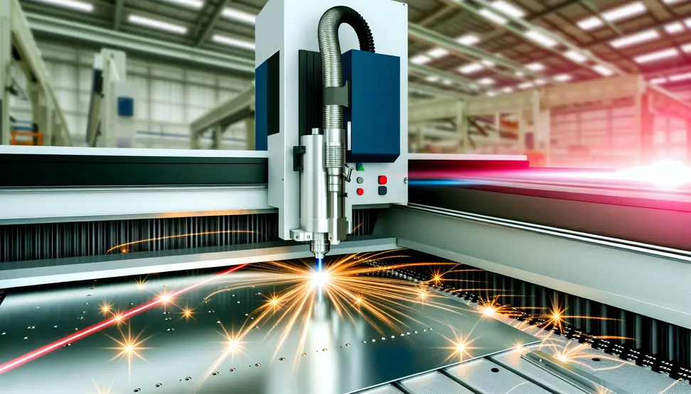 A fiber laser precisely cuts a stainless steel sheet, highlighting process accuracy and modern machinery.
