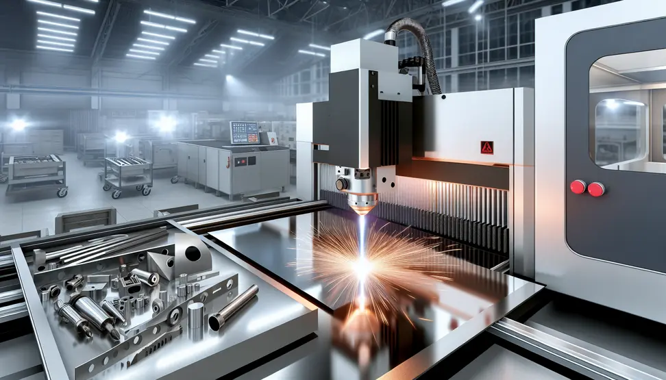 A fiber laser precisely cuts a stainless steel sheet, highlighting process accuracy and modern machinery.