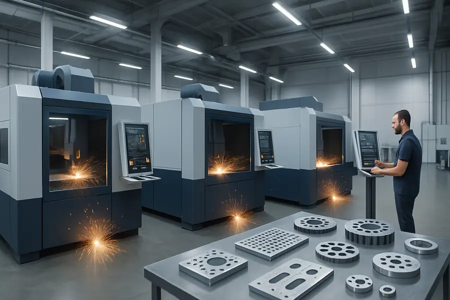 A wide, detailed view of a high-tech factory floor with engineers overseeing laser cutting machines and precision metal fabrication.