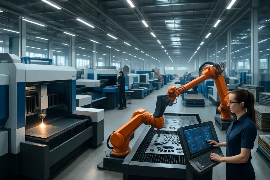 Photo-realistic image of an efficient, high-tech laser cutting factory with automation and staff overseeing production.